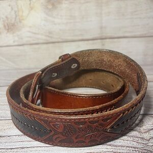 Vintage Hand Tooled Weave Western Belt Genuine Leather Size 44 70s 80s Grunge